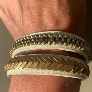 Stella & Dot cream leather wrap bracelet with brass and silver accents